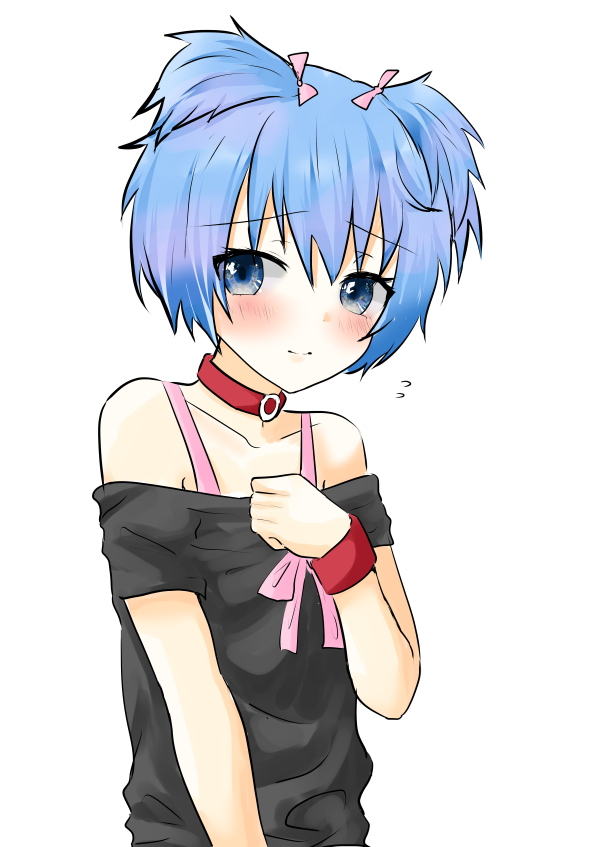 1boy, ansatsu_kyoushitsu, bare_shoulders, black_shirt, blue_eyes, blue_hair, blush, bra_strap, chest_ribbon, choker, closed_mouth, collarbone, crossdressing, crossdressing_(mtf), embarrassed, flying_sweatdrops, hair_between_eyes, hair_ribbon, hand_on_own_chest, looking_at_viewer, male_focus, off-shoulder_shirt, off_shoulder, official_alternate_costume, pink_ribbon, red_choker, ribbon, shiota_nagisa, shirt, short_hair, sidelocks, simple_background, solo, trap, upper_body, utida_kowaomo, white_background
