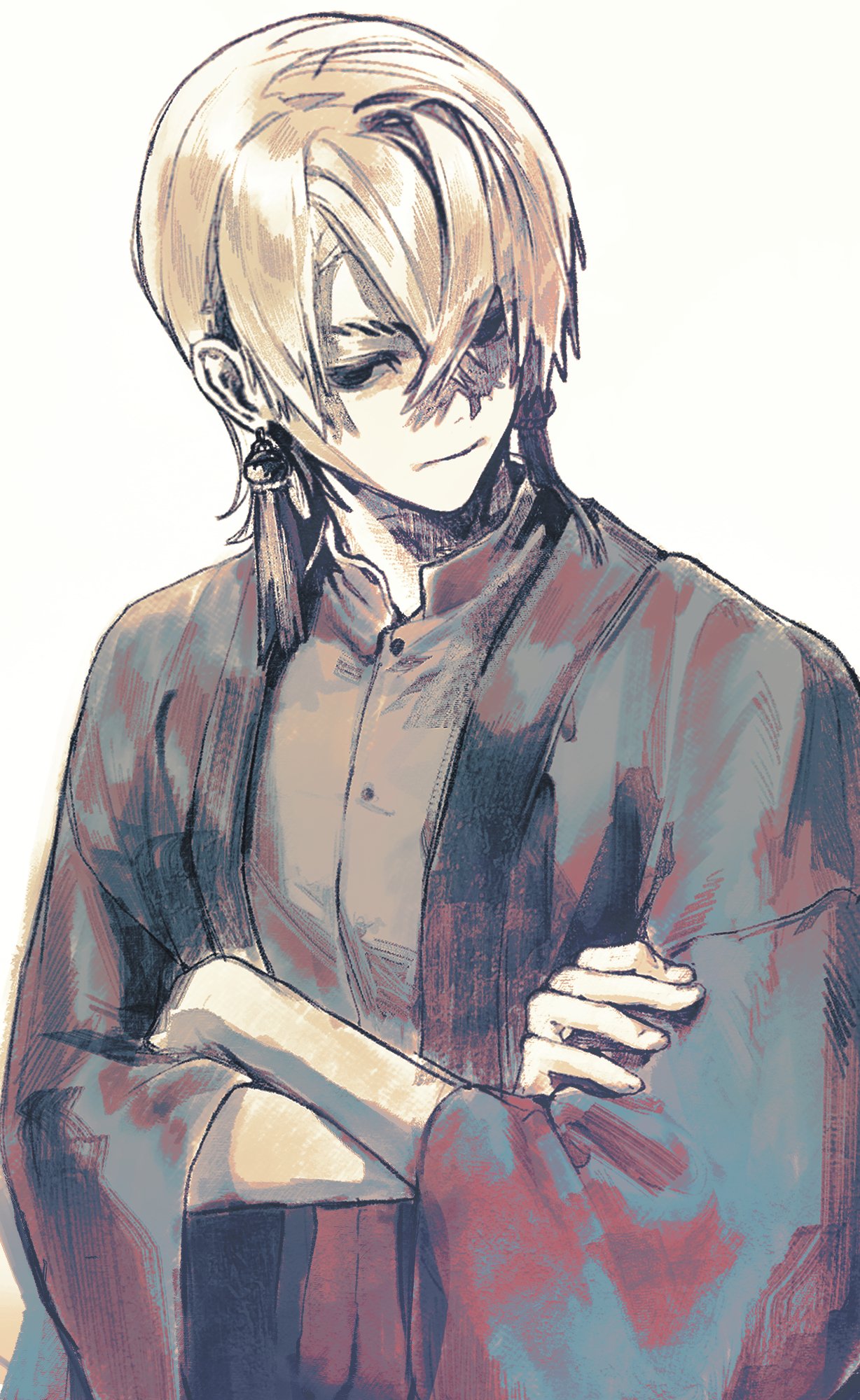 1boy, closed_mouth, commentary_request, crossed_arms, crossed_bangs, earrings, expressionless, gachiakuta