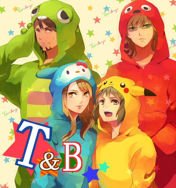 2girls, animal_costume, animal_suit, barnaby_brooks_jr, blonde_hair, brown_eyes, brown_hair, facial_hair