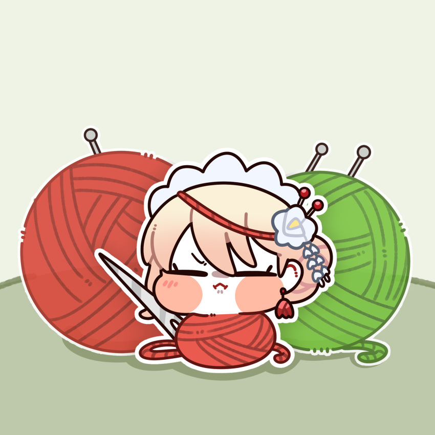 1girl, 252_eyo, blonde_hair, blush_stickers, bound, chibi, chibi_only, closed_eyes, commentary_request, earrings, flower, hair_bun, hair_flower, hair_ornament, highres, jewelry, knitting_needle, korean_commentary, last_origin, maid_headdress, mini_person, minigirl, needle, olivia_starsewer, pout, sewing_needle, simple_background, solo, tied_up_(nonsexual), yarn, yarn_ball