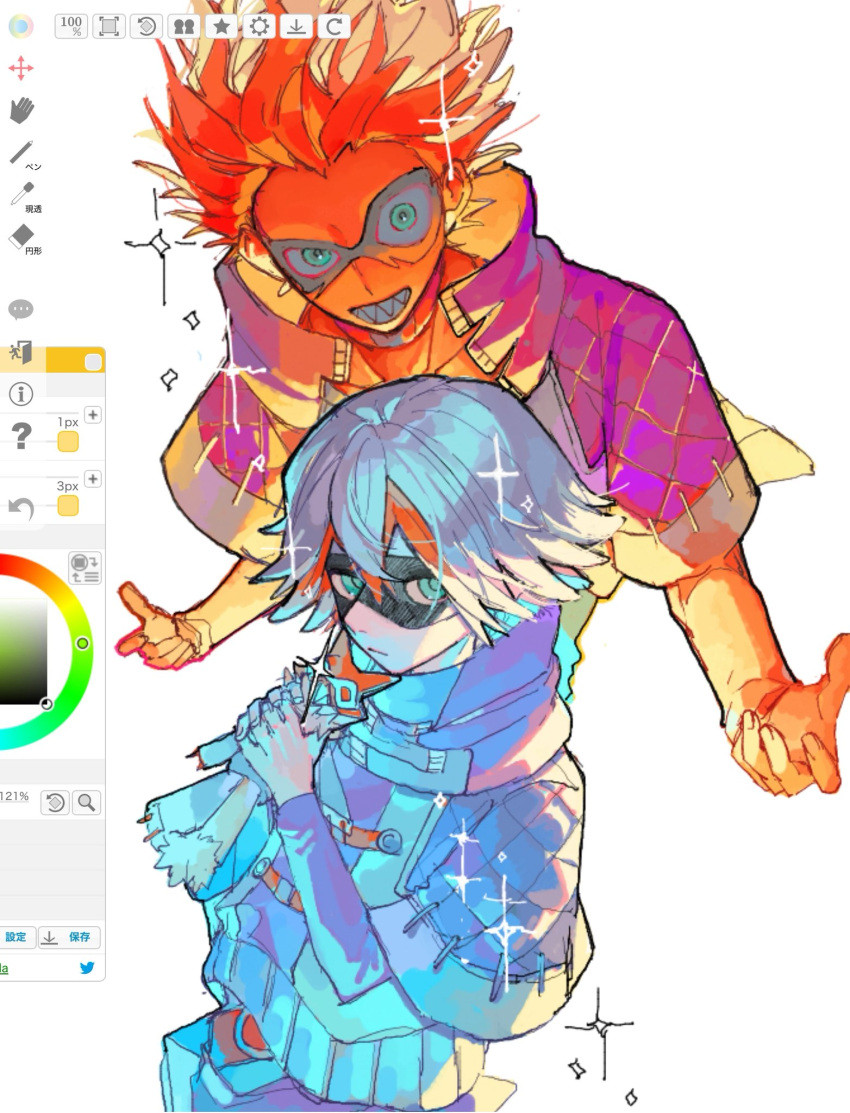2boys, art_program_in_frame, bangs_blown_up, cowboy_shot, domino_mask, dual_persona, eye_mask, fu_orostor