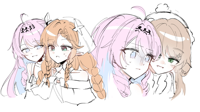 3girls, ahoge, bare_shoulders, blue_eyes, blue_hair, brown_hair, closed_mouth, colored_inner_hair