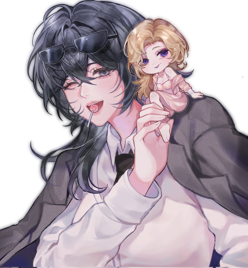 2girls, black_necktie, candy, chibi, chief_(path_to_nowhere), commentary, english_commentary, eyewear_on_head, female_chief_(path_to_nowhere), food, food_in_mouth, hand_up, highres, lollipop, lollipop_in_mouth, multiple_girls, necktie, one_eye_closed, open_mouth, path_to_nowhere, smile, tatsuomiptn, upper_body, vautour_bleu_(path_to_nowhere), white_background