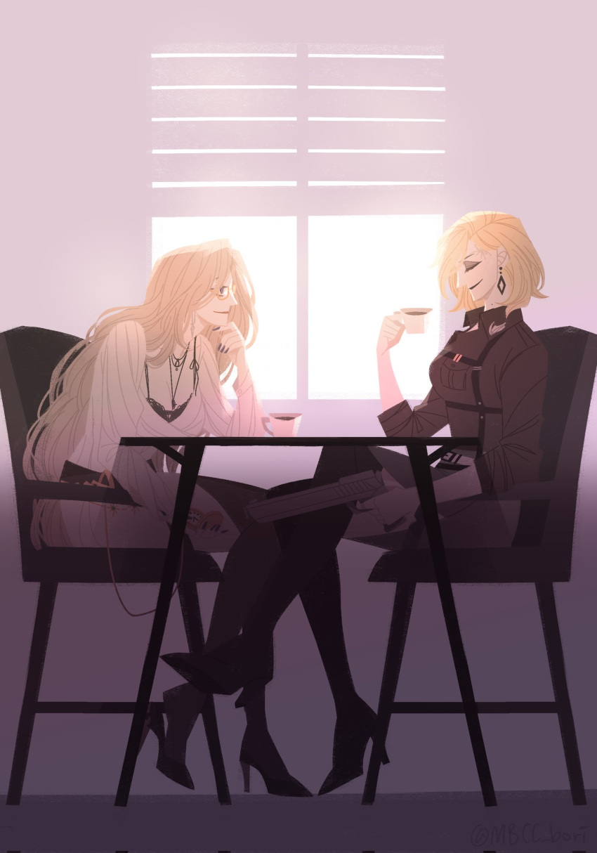 chair, chameleon_(path_to_nowhere), closed_eyes, coffee_mug, commentary_request, cup, full_body, gun