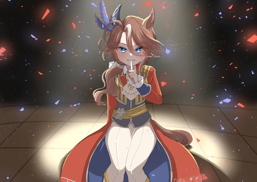 1girl, amai_omoyu, animal_ears, ascot, blue_eyes, blue_vest, blush, brown_hair