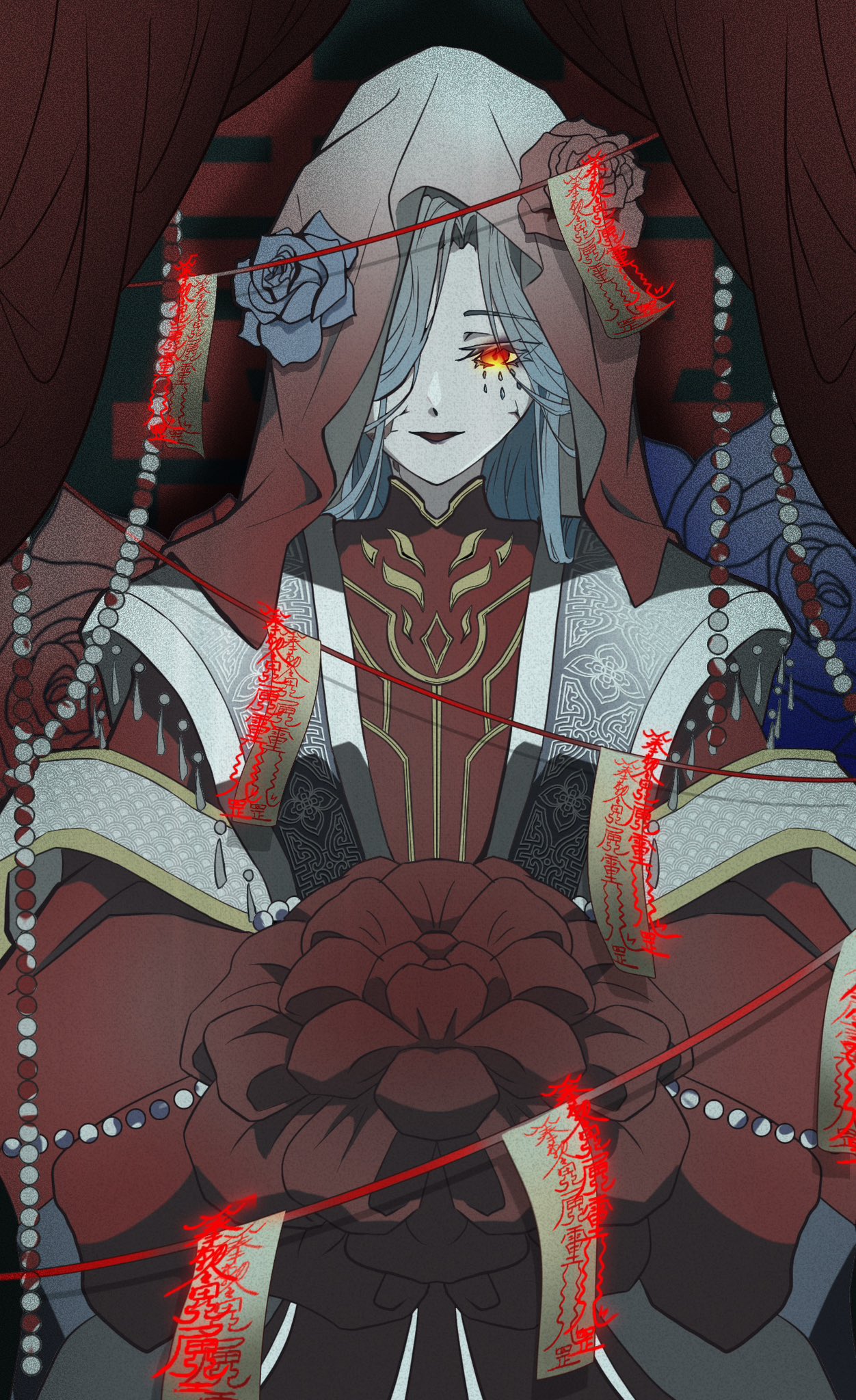 commentary_request, expressionless, flower, glowing, glowing_eye, graves_(path_to_nowhere), hair_over_one_eye, highres