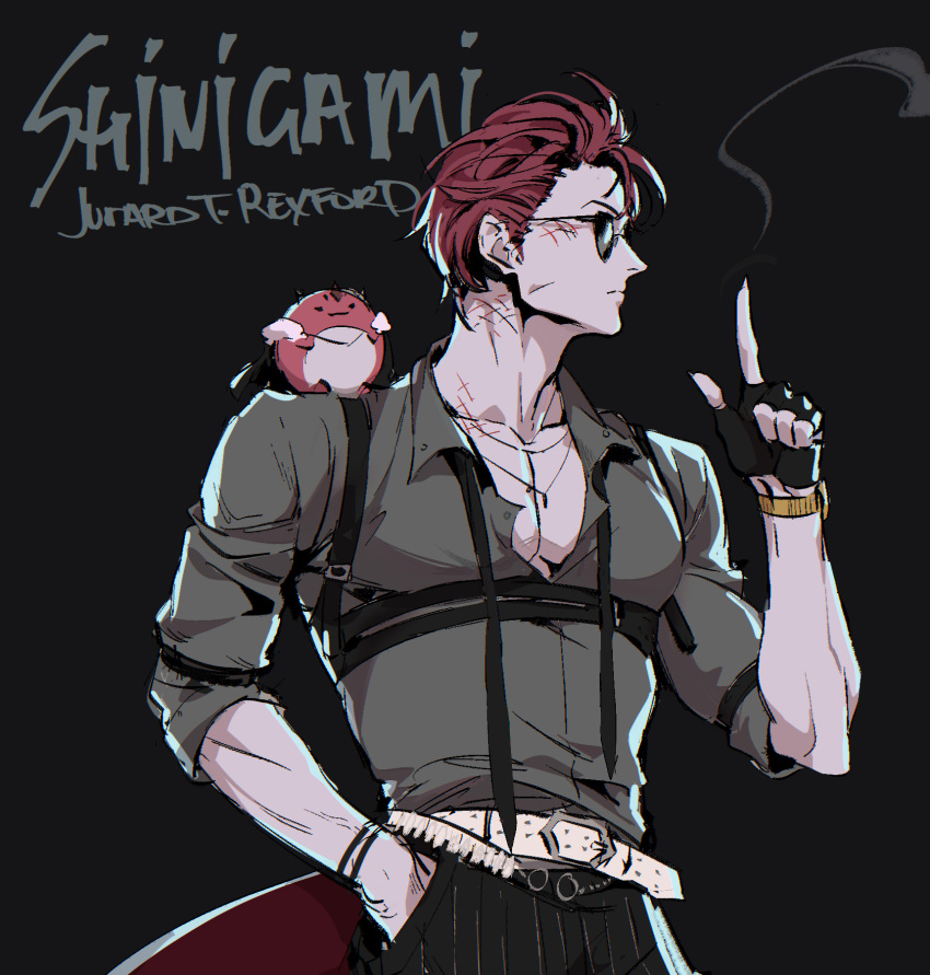 1boy, belt, black_background, black_gloves, character_name, chest_harness, collared_shirt, commentary