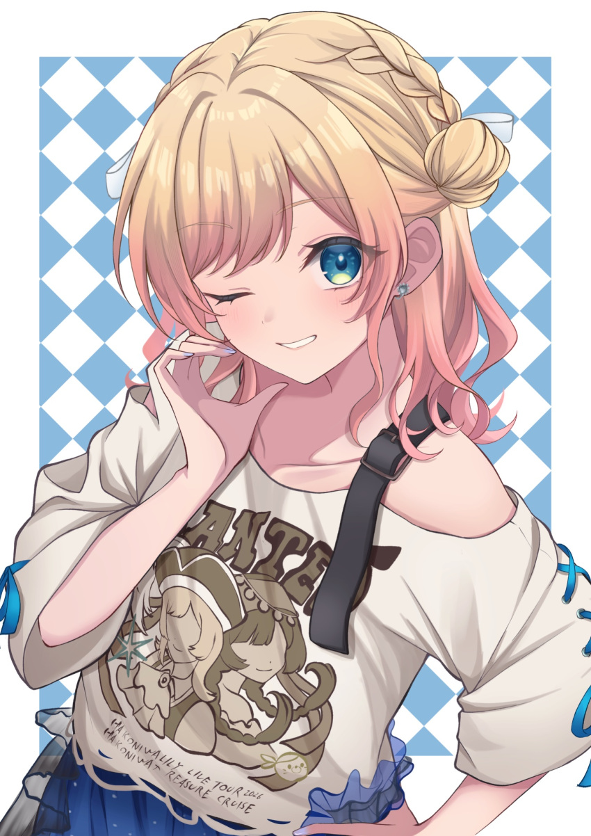 1girl, aiceclass, blonde_hair, blue_eyes, blue_shirt, blush, collarbone, commentary_request