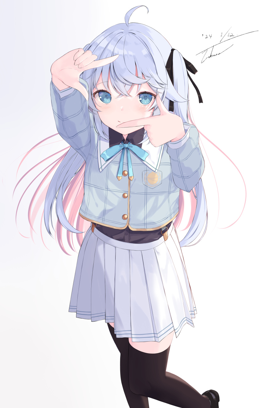 1girl, absurdres, ahoge, arms_up, black_bow, black_ribbon, black_shirt, black_thighhighs