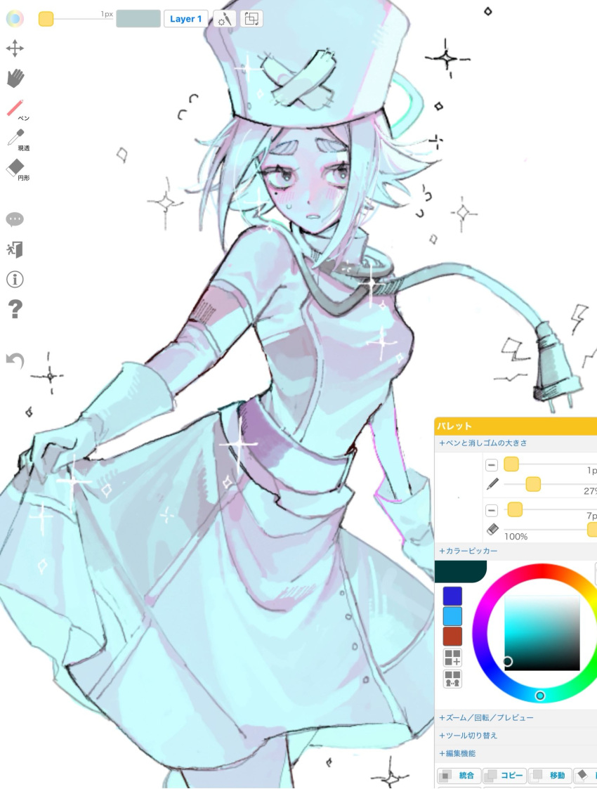 1girl, aqua_theme, art_program_in_frame, commentary, cowboy_shot, eishia_stilza, fukukoma, gachiakuta