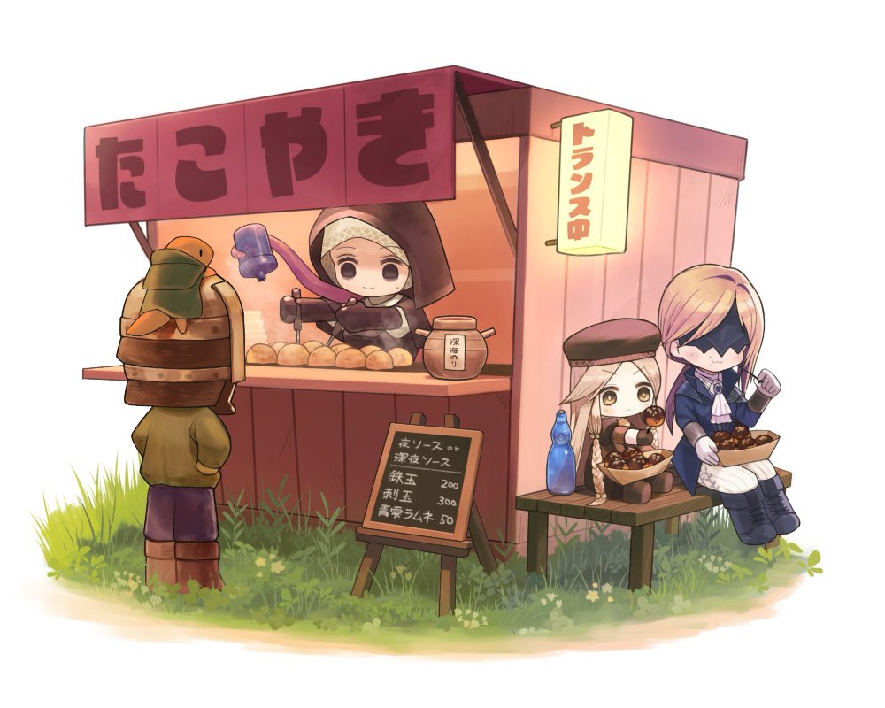 1boy, 3girls, ascot, black_bodice, black_capelet, black_hood, blindfold_mask, blonde_hair