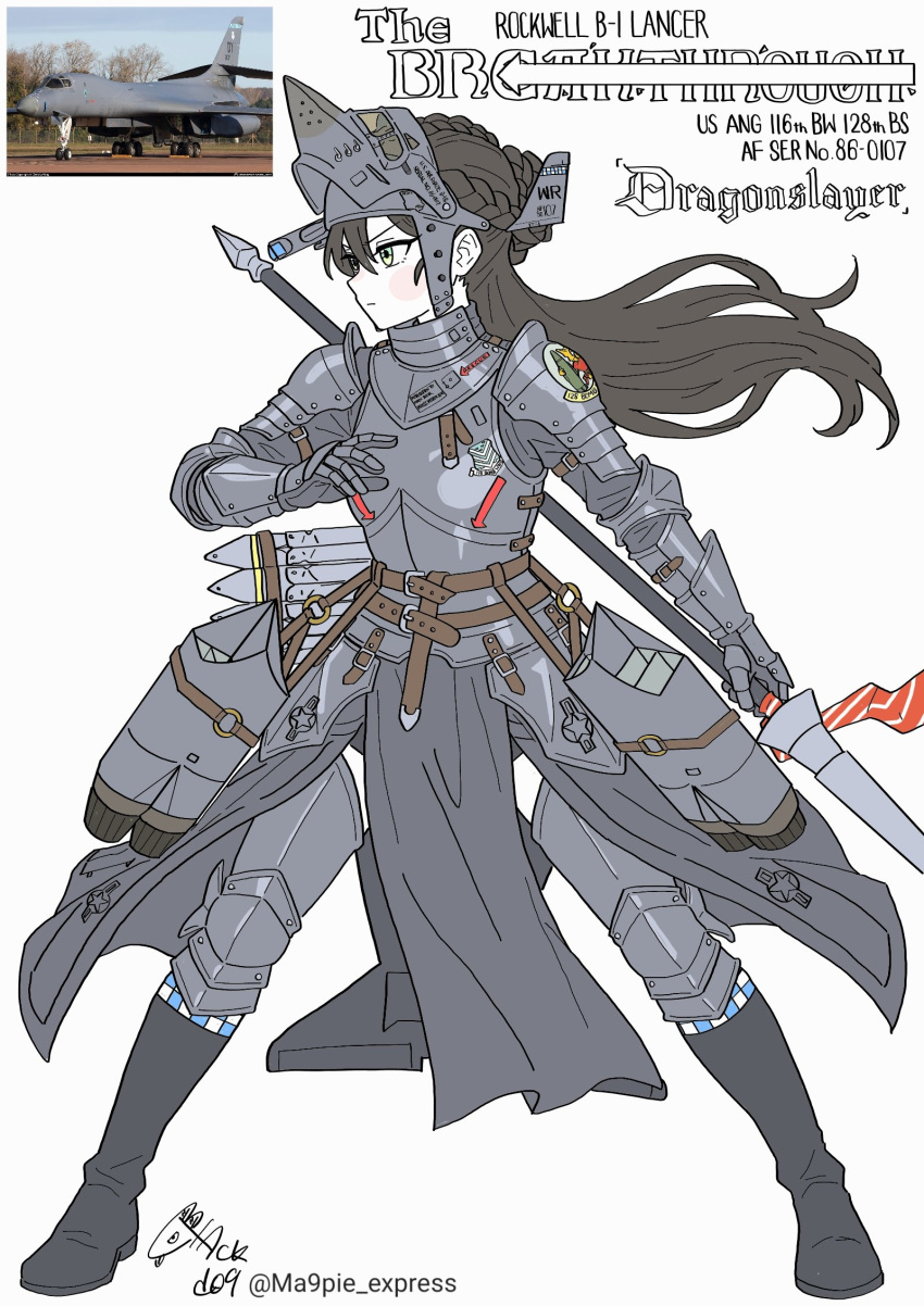 1girl, aircraft, airplane, armor, b-1_lancer, black_boots, blackd09, blush