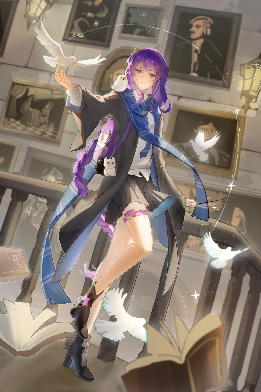 absurdres, animal_on_shoulder, backpack, bag, bird, bird_on_hand, bird_on_shoulder, blue_scarf, blunt_bangs, blurry, blurry_background, book, boots, braid, character_doll, chinese_commentary, commentary_request, crossover, depth_of_field, doll, dove, floating, full_body, genshin_impact, glowing, gradient_hair, hair_ornament, harry_potter_(series), highres, how_to_train_your_dragon_(series), indoors, jewelry, jiokexiansheng, lantern, light_fury, long_sleeves, looking_at_animal, looking_to_the_side, mole, mole_under_eye, multicolored_hair, open_mouth, owl, purple_hair, raiden_shogun, ravenclaw, robe, scarf, school_uniform, shade, shirt, single_braid, skirt, standing, streaked_hair, thighlet, too_many, too_many_birds, toothless, violet_eyes, white_shirt, wide_sleeves, wizarding_world