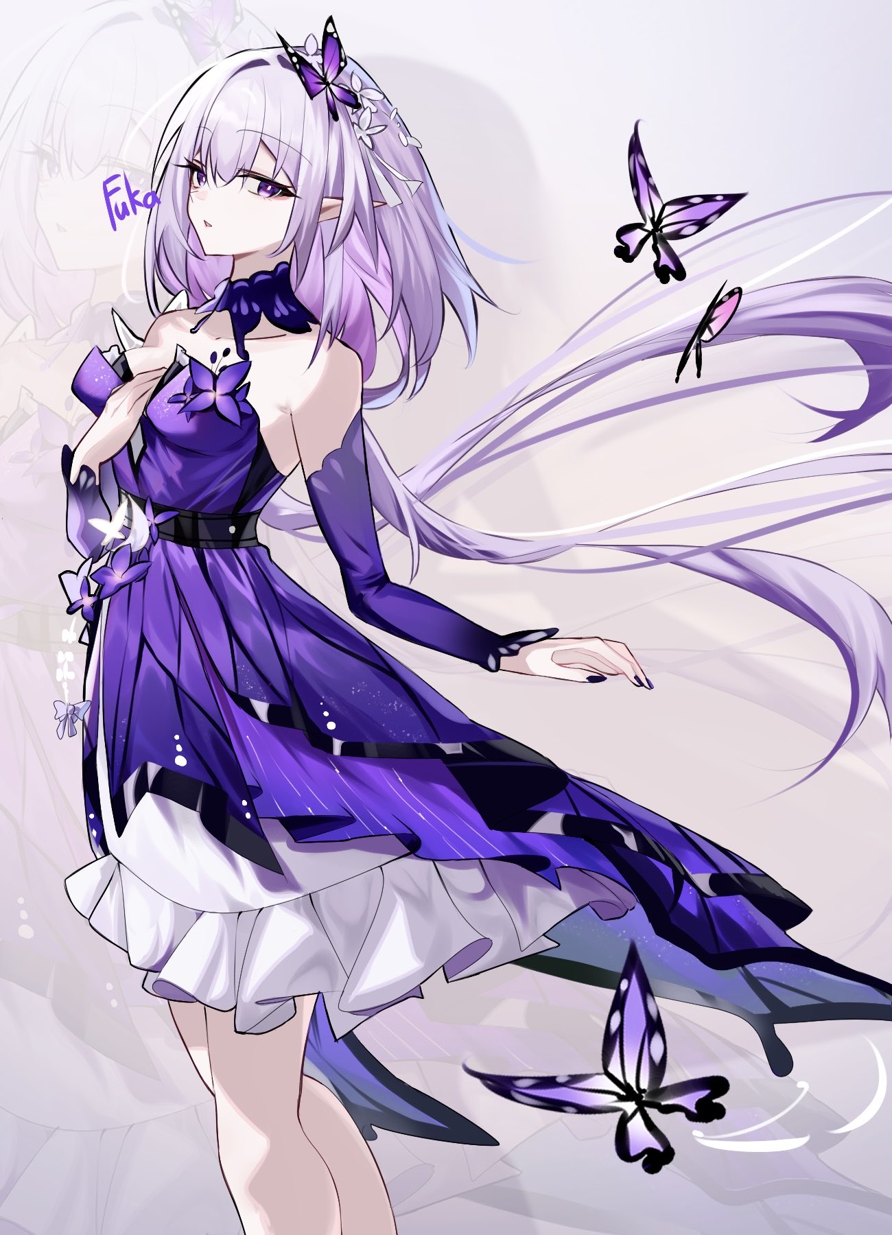 1girl, bare_shoulders, breasts, bug, butterfly, castorice_(gossamer_flutter)_(honkai:_star_rail), castorice_(honkai:_star_rail), commentary_request, detached_sleeves, dress, fukafuka_ekaki, hair_ornament, hand_up, highres, honkai:_star_rail, honkai_(series), light_smile, long_hair, looking_at_viewer, low_twintails, medium_breasts, nail_polish, pointy_ears, purple_dress, purple_hair, simple_background, solo, twintails, twitter_username, very_long_hair, violet_eyes, zoom_layer