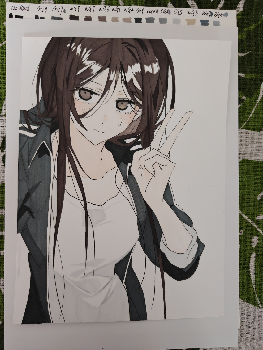 1girl, absurdres, black_jacket, blush, breasts, brown_eyes, brown_hair, chinese_commentary, closed_mouth, collarbone, commentary_request, hair_between_eyes, han_yoil, highres, jacket, long_hair, looking_at_viewer, open_clothes, open_jacket, shirt, smile, solo, sweatdrop, today's_han_yoil_is_a_woman, traditional_media, upper_body, v, white_shirt, xioaxi_xinmanyizu