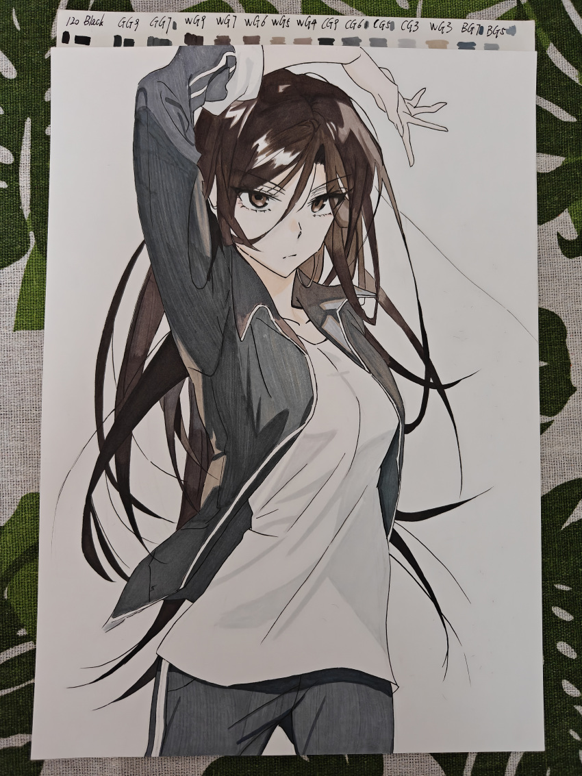 1girl, absurdres, arm_up, breasts, brown_eyes, brown_hair, chinese_commentary, commentary_request