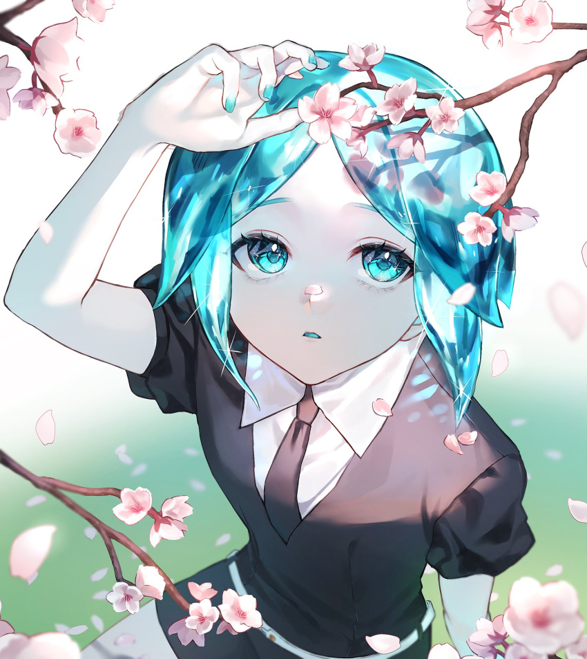 1other, black_necktie, black_shorts, black_sweater, cherry_blossoms, colored_eyelashes, crystal_hair, gem_uniform_(houseki_no_kuni)