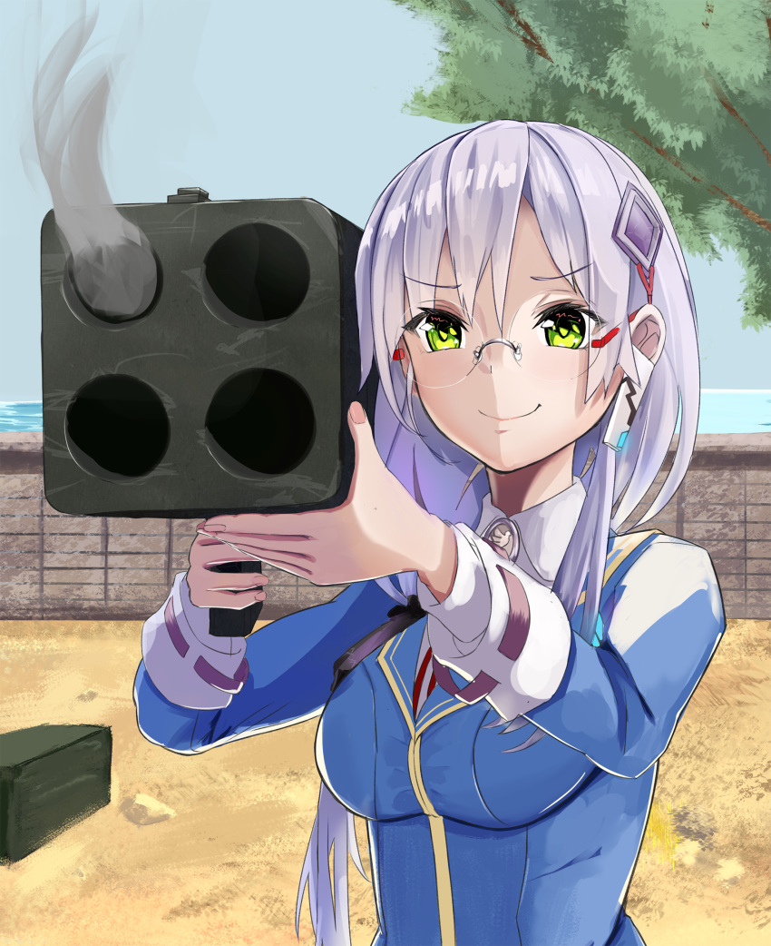 1girl, closed_mouth, commentary_request, earphones, glasses, green_eyes, grey_hair, hair_ornament