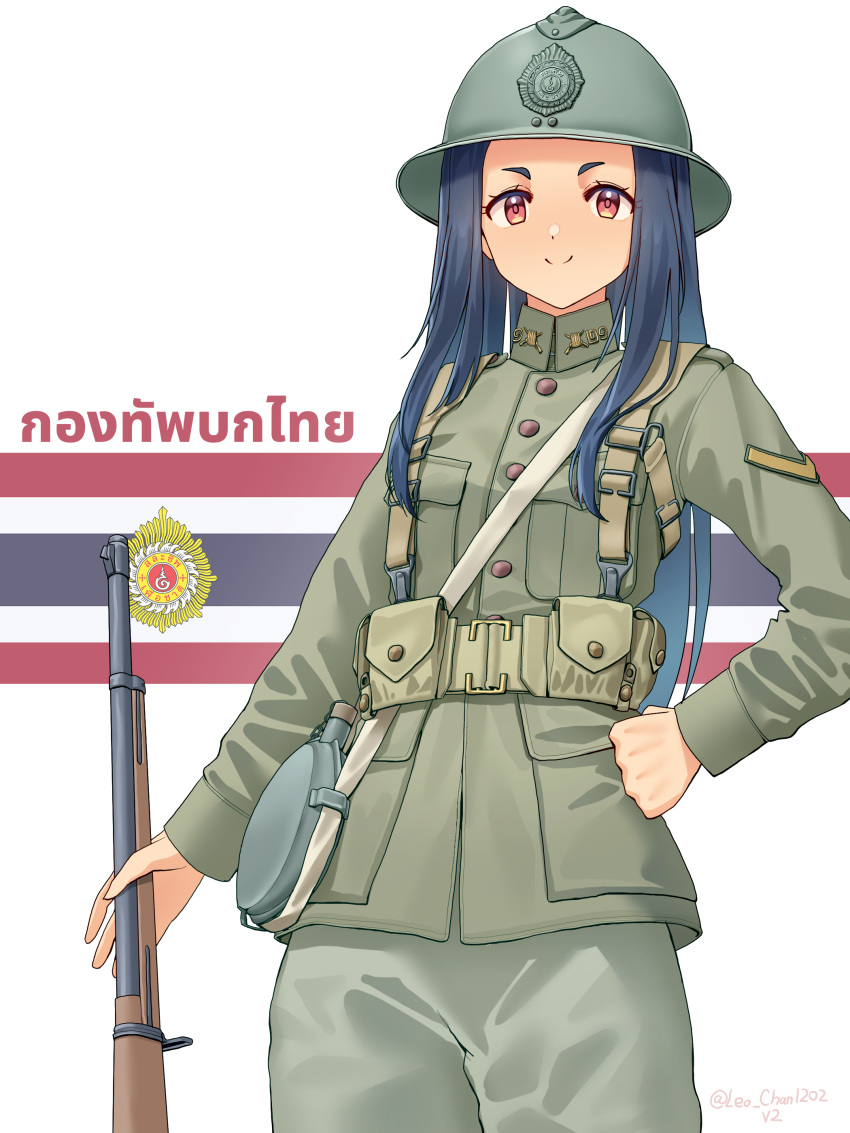 1girl, absurdres, ammunition_pouch, black_hair, breast_pocket, canteen, combat_helmet, cowboy_shot, english_commentary, flag_background, green_hat, green_jacket, green_pants, gun, hand_on_own_hip, hat, helmet, highres, holding, holding_gun, holding_weapon, jacket, leochan1202, long_hair, long_sleeves, looking_at_viewer, military_combat_uniform, military_rank_insignia, military_uniform, mixed-language_commentary, multilingual_commentary, original, pants, pocket, pouch, red_eyes, royal_thai_army, thai_flag, thai_text, thailand, weapon, weapon_request, world_war_ii