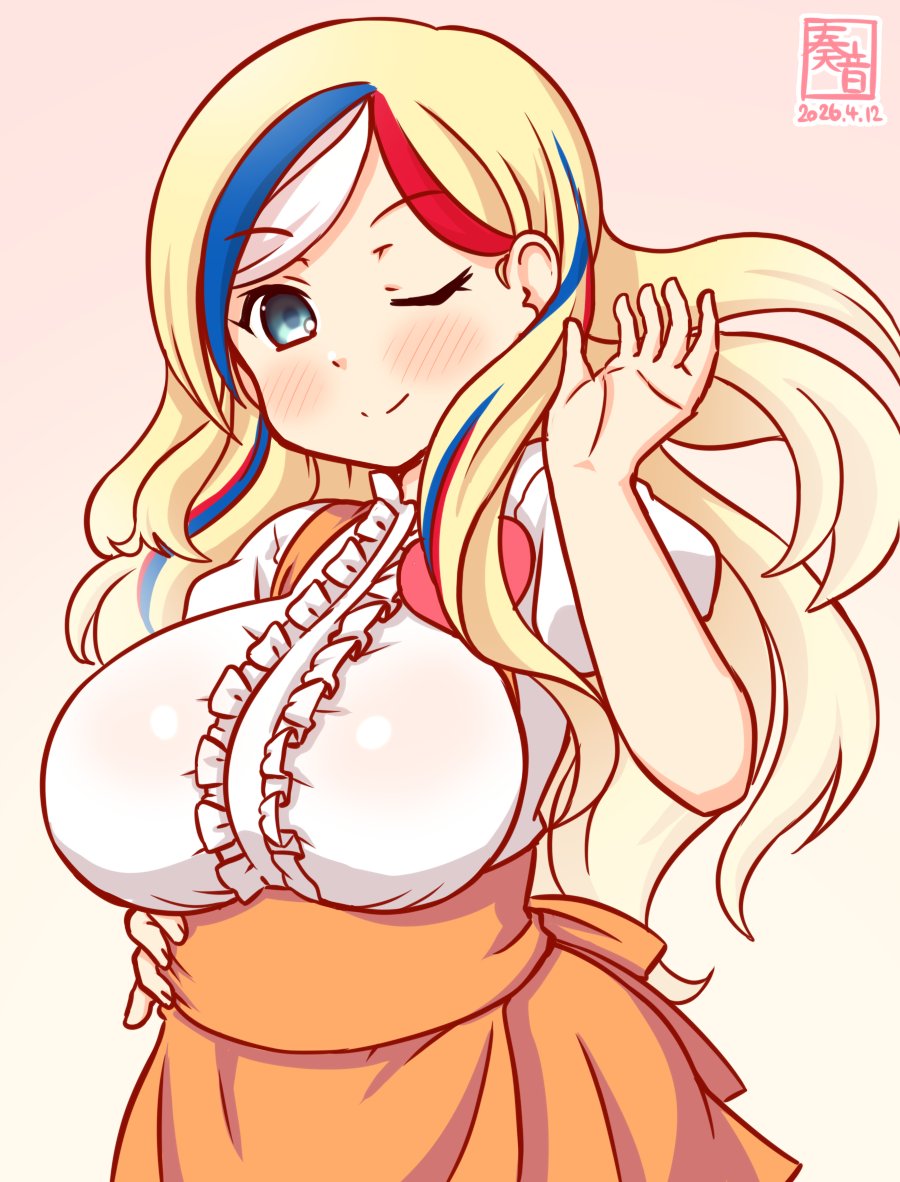 1girl, anna_miller, apron, artist_logo, badge, blonde_hair, blue_eyes, blue_hair