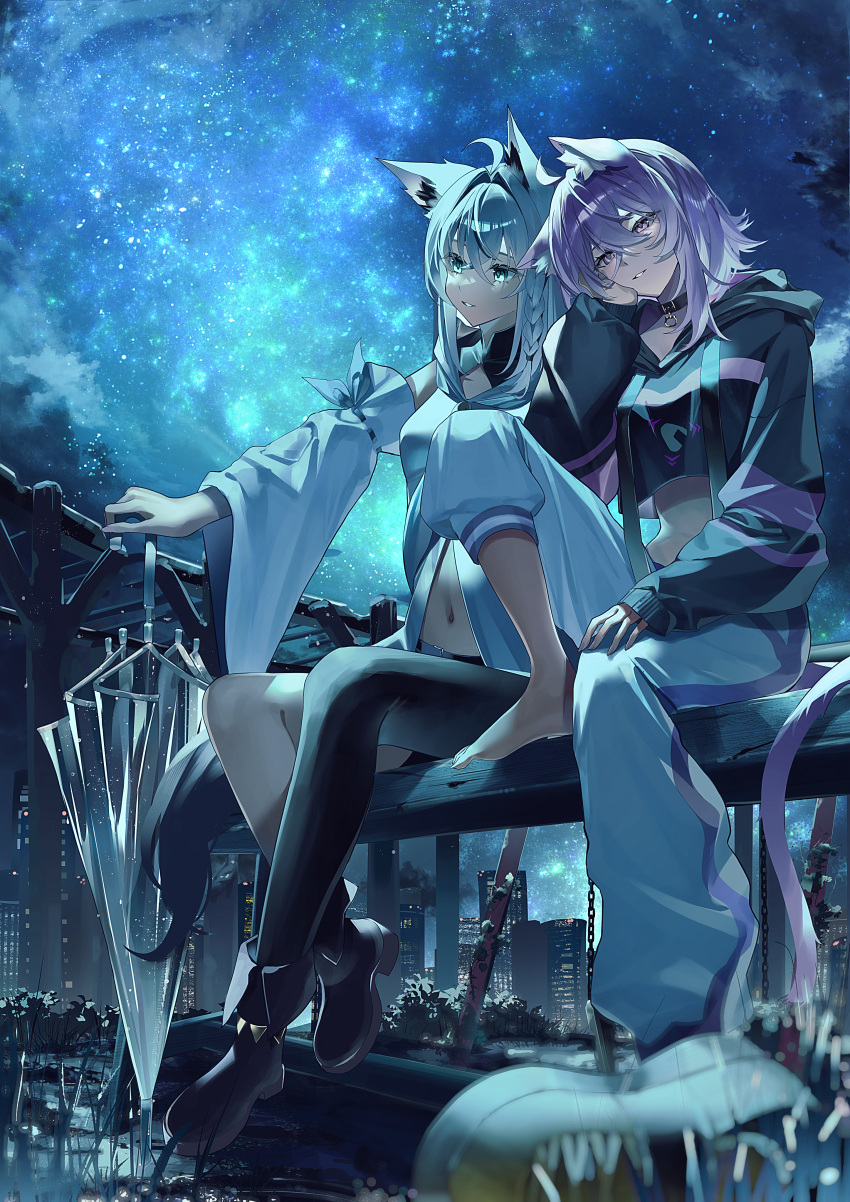 2girls, absurdres, after_rain, ahoge, amesui, animal_collar, animal_ears, aqua_eyes