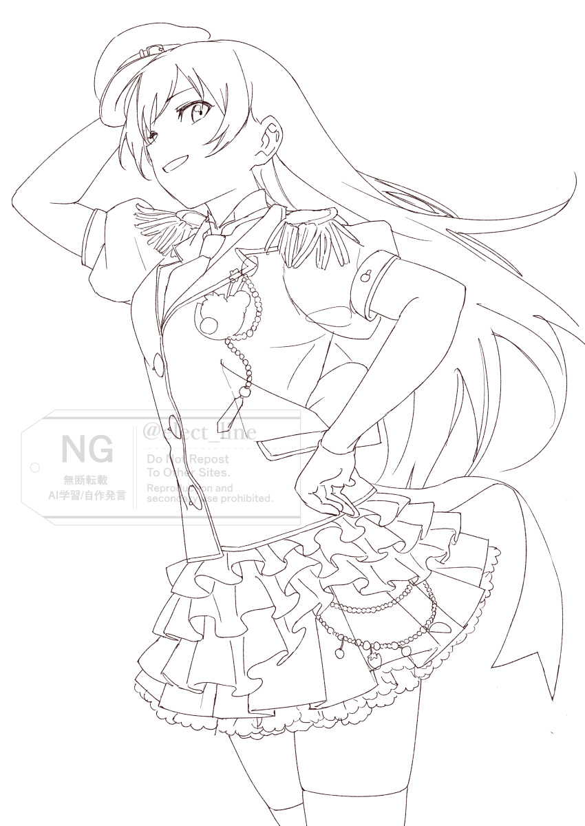 1girl, absurdres, collared_shirt, commentary_request, cowboy_shot, fresh_fruits_parlor_(love_live!), frilled_skirt, frills, greyscale, grin, highres, inazuma_(elect_line), jacket, lineart, looking_at_viewer, love_live!, love_live!_school_idol_festival, love_live!_school_idol_project, miniskirt, monochrome, necktie, pleated_skirt, puffy_short_sleeves, puffy_sleeves, shirt, short-sleeved_jacket, short_sleeves, simple_background, skirt, smile, solo, sonoda_umi, thigh-highs, white_background, zettai_ryouiki