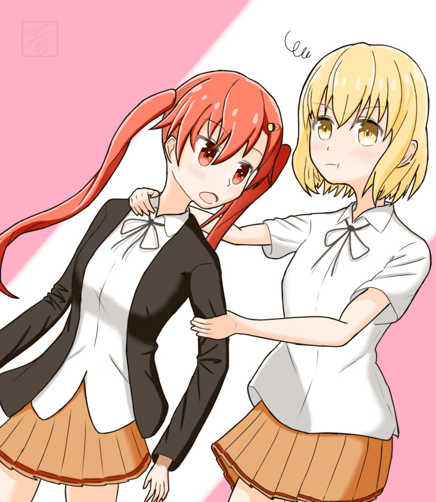 2girls, bellwall_school_uniform, black_jacket, black_ribbon, blonde_hair, breasts, brown_skirt, chest_ribbon
