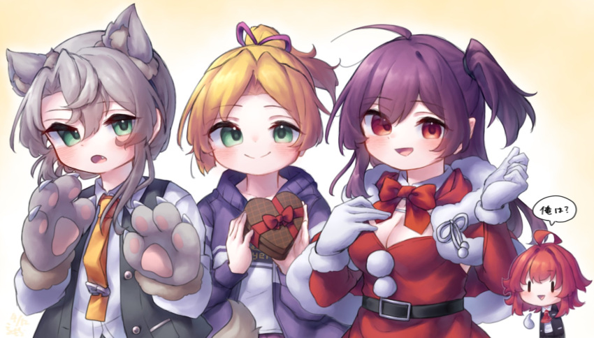 4girls, ahoge, alternate_sleeve_length, animal_ears, animal_hands, arashi_(kancolle), arm_behind_head, asymmetrical_hair