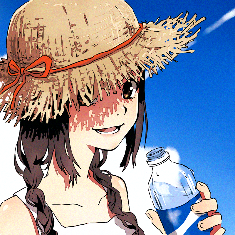 bottle, braid, brown_eyes, clavicle, cloud, collarbone, freckles, hat