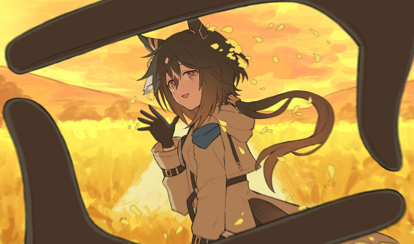 0324sg, 1girl, 1other, animal_ears, black_gloves, brown_hair, commentary, ear_ornament