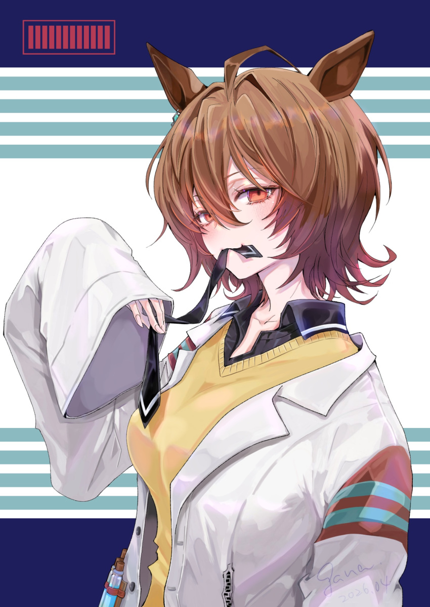 1girl, agnes_tachyon_(umamusume), ahoge, animal_ears, birthday, black_shirt, breasts, brown_hair