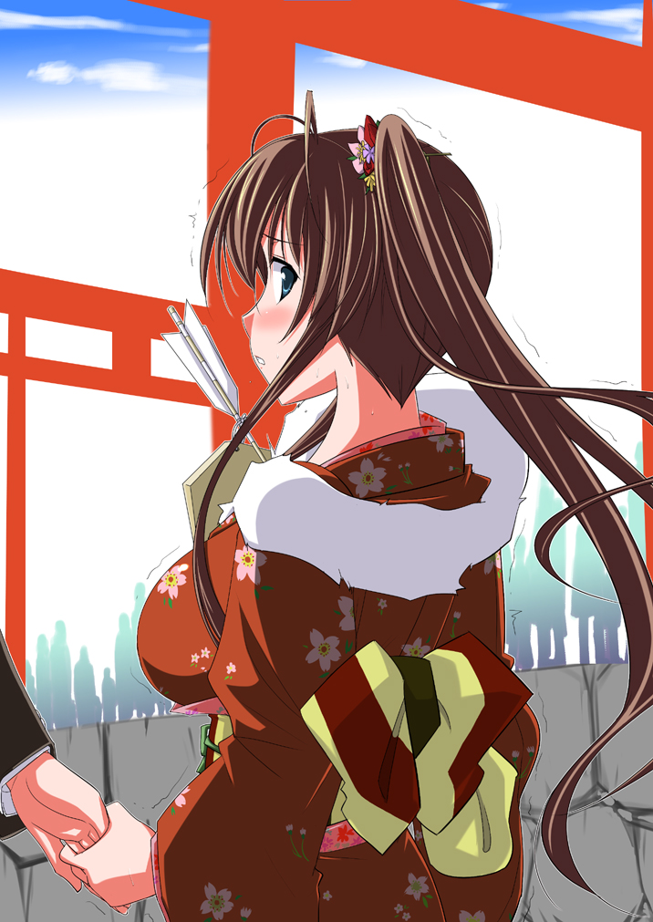 arrow, bad_id, blue_eyes, blush, breasts, brown_hair, decarabi, decarabia