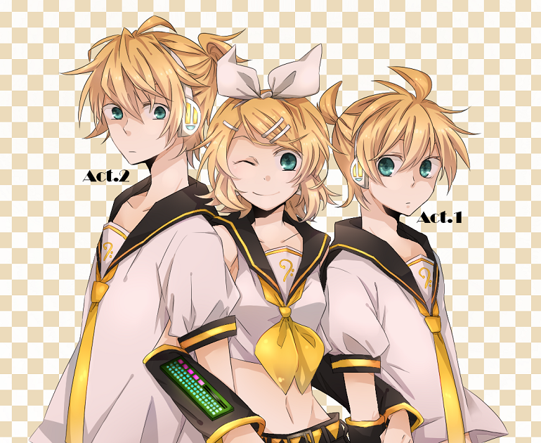 blonde_hair, brother_and_sister, hair_ornament, hair_ribbon, hairclip, headphones, kagamine_len, kagamine_rin