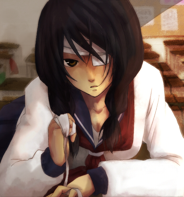 bandage, black_hair, braid, hyuuga_toki, kobushi_abiru, open_mouth, sayonara_zetsubou_sensei, school_uniform, serafuku, twin_braids, twintails