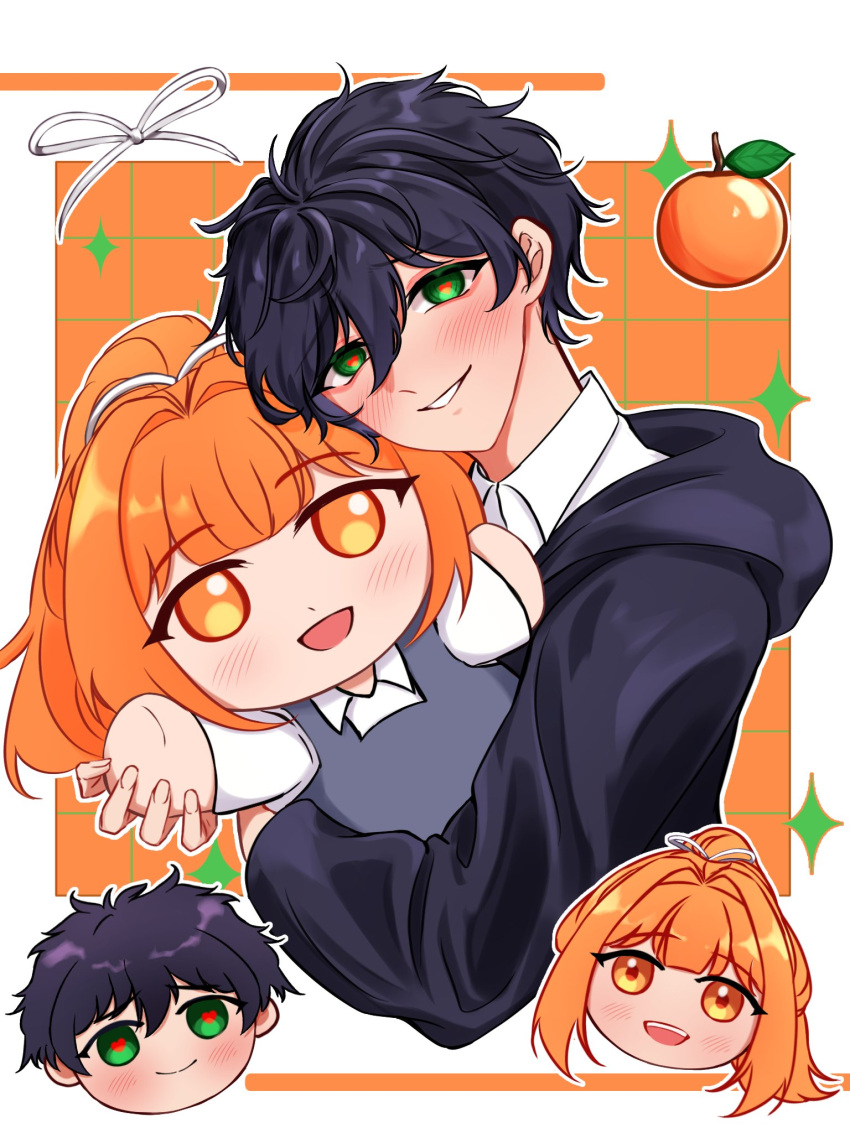 1boy, 1girl, black_hair, black_hoodie, blush, collared_shirt, degrees_of_lewdity, food, fruit, green_eyes, heart, heart-shaped_pupils, highres, hood, hoodie, kylar_(degrees_of_lewdity), kylar_(male)_(degrees_of_lewdity), looking_at_viewer, multiple_views, nur_prilia, open_mouth, orange_(fruit), orange_eyes, orange_hair, player_character_(degrees_of_lewdity), player_character_(female)_(degrees_of_lewdity), ponytail, seimi_(seika99094145), shirt, short_hair, short_ponytail, symbol-shaped_pupils, white_shirt