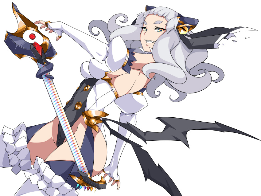 absurdres, ban, breasts, chaos_code, cthylla, highres, magical_girl, sharp_teeth, vector_trace, white_hair, yellow_eyes