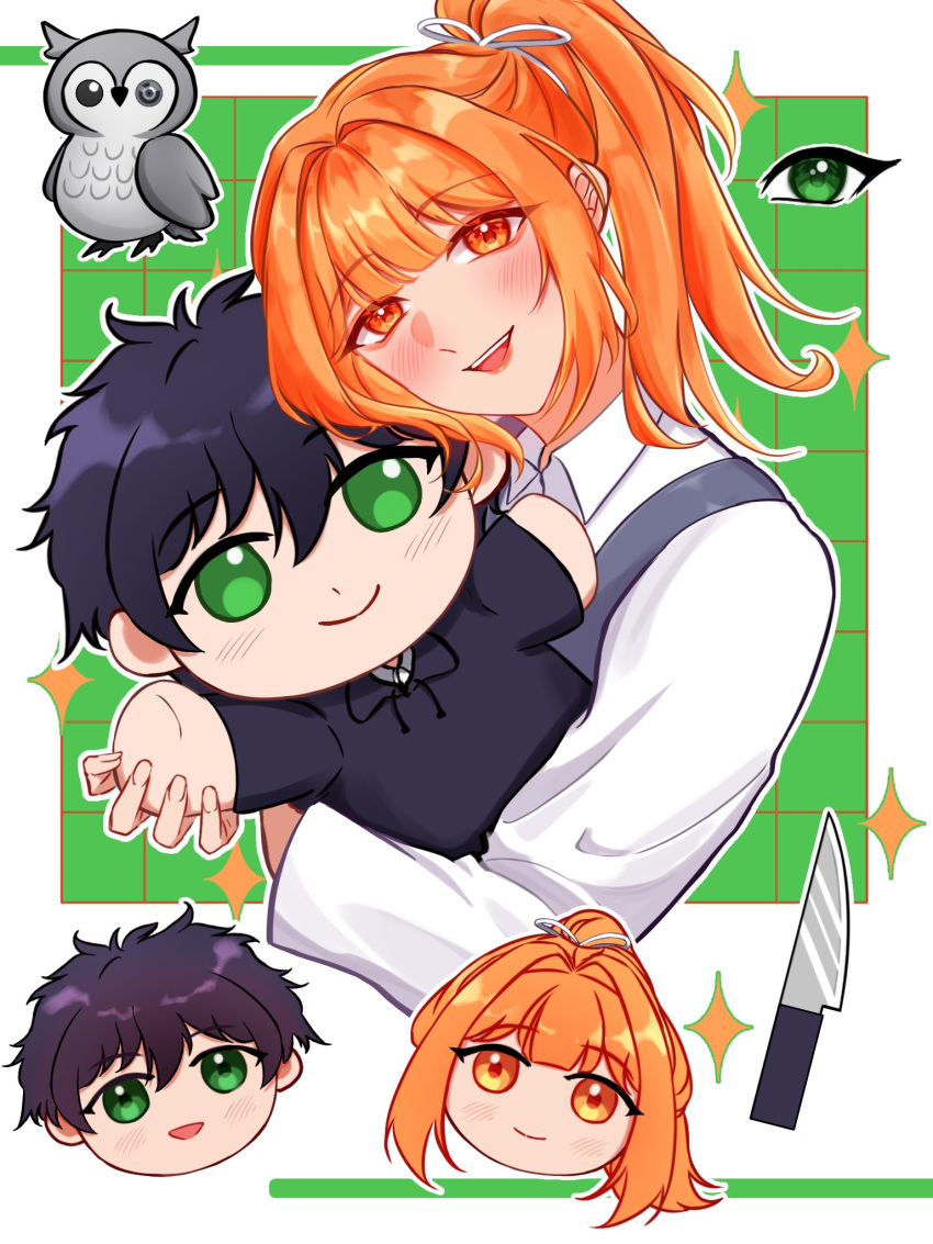 1boy, 1girl, bird, black_hair, blush, collared_shirt, degrees_of_lewdity, green_eyes, highres, knife, kylar_(degrees_of_lewdity), kylar_(male)_(degrees_of_lewdity), looking_at_viewer, multiple_views, nur_prilia, open_mouth, orange_eyes, orange_hair, owl, player_character_(degrees_of_lewdity), player_character_(female)_(degrees_of_lewdity), ponytail, seimi_(seika99094145), shirt, short_hair, short_ponytail, teeth, upper_teeth_only, white_shirt