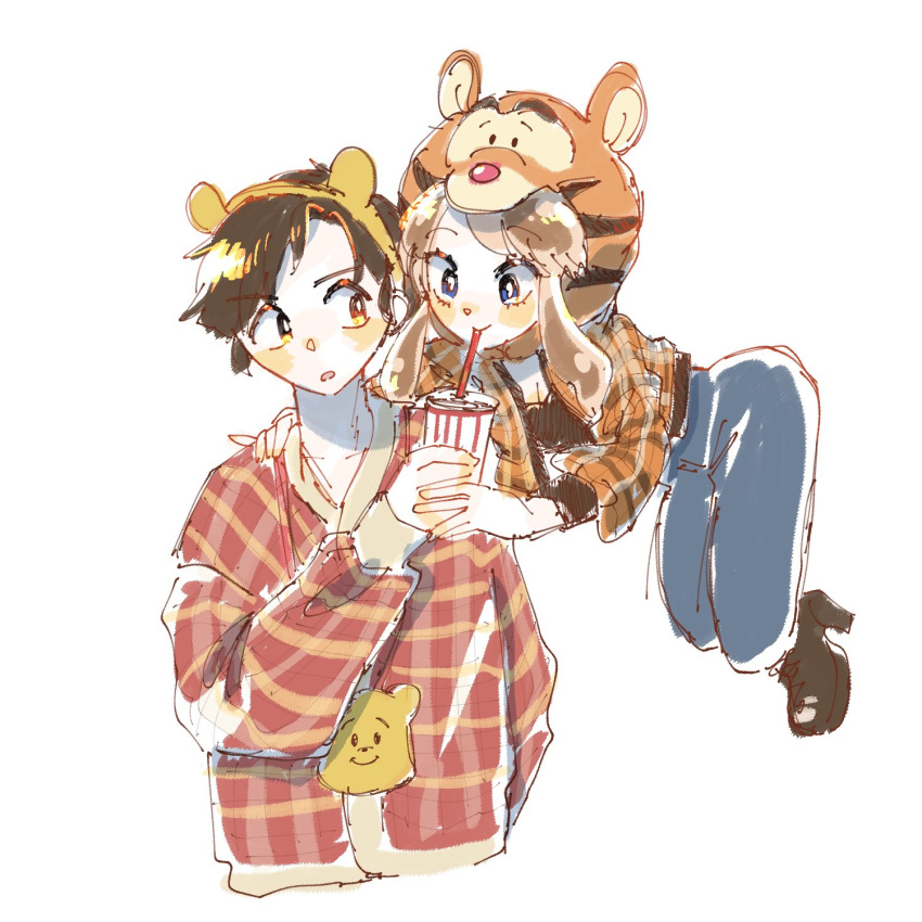 1boy, 1girl, :o, animal_costume, animal_ears, animal_print, black_shoes, blonde_hair
