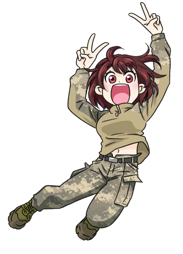 1girl, camouflage, camouflage_pants, camouflage_shirt, clothes_lift, digital_camouflage, full_body, green_shoes