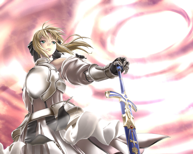 ahoge, armor, armored_dress, bare_shoulders, blonde_hair, caliburn, detached_sleeves, dress, fate/stay_night, fate/unlimited_codes, fate_(series), gauntlets, green_eyes, hair_ribbon, hisshamaru, ponytail, ribbon, saber, saber_lily, solo, sword, weapon