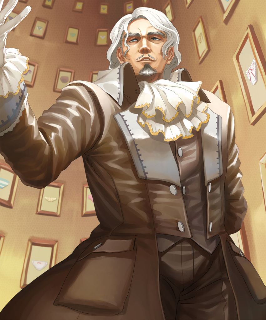 beard, blue_eyes, bow, bow_panties, commentary, cravat, facial_hair, flyx2