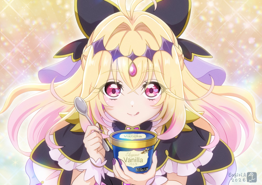 1girl, asukamama89, blush, braid, brooch, closed_mouth, commentary_request, cup, cure_arcana_shadow, disposable_cup, disposable_ice_cream_cup, gradient_hair, hair_between_eyes, hair_intakes, heart, heart-shaped_pupils, heart_brooch, heart_in_eye, highres, holding, holding_spoon, jewelry, looking_at_viewer, magical_girl, meitantei_precure!, moria_luluka, multicolored_hair, pink_eyes, pink_hair, portrait, precure, smile, solo, spoon, symbol-shaped_pupils, symbol_in_eye, tongue, tongue_out