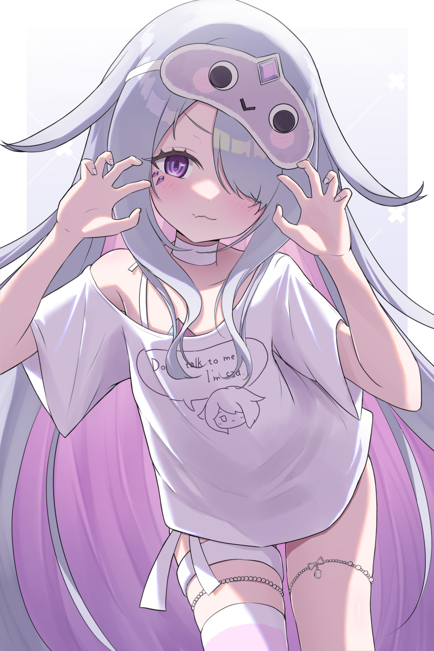 1girl, absurdres, banteu, claw_pose, closed_mouth, colored_inner_hair, gem, gradient_hair, grey_hair, hair_over_one_eye, highres, hololive, hololive_english, jewel_under_eye, koseki_bijou, koseki_bijou_(pebble_pajamas), long_hair, mask, mask_on_head, multicolored_hair, pink_hair, purple_gem, shirt, sleep_mask, solo, thigh_strap, very_long_hair, violet_eyes, virtual_youtuber, white_shirt