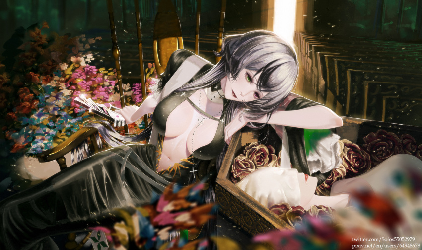 1girl, bed_of_roses, black_dress, black_hair, breasts, chair, clothing_cutout, coffin