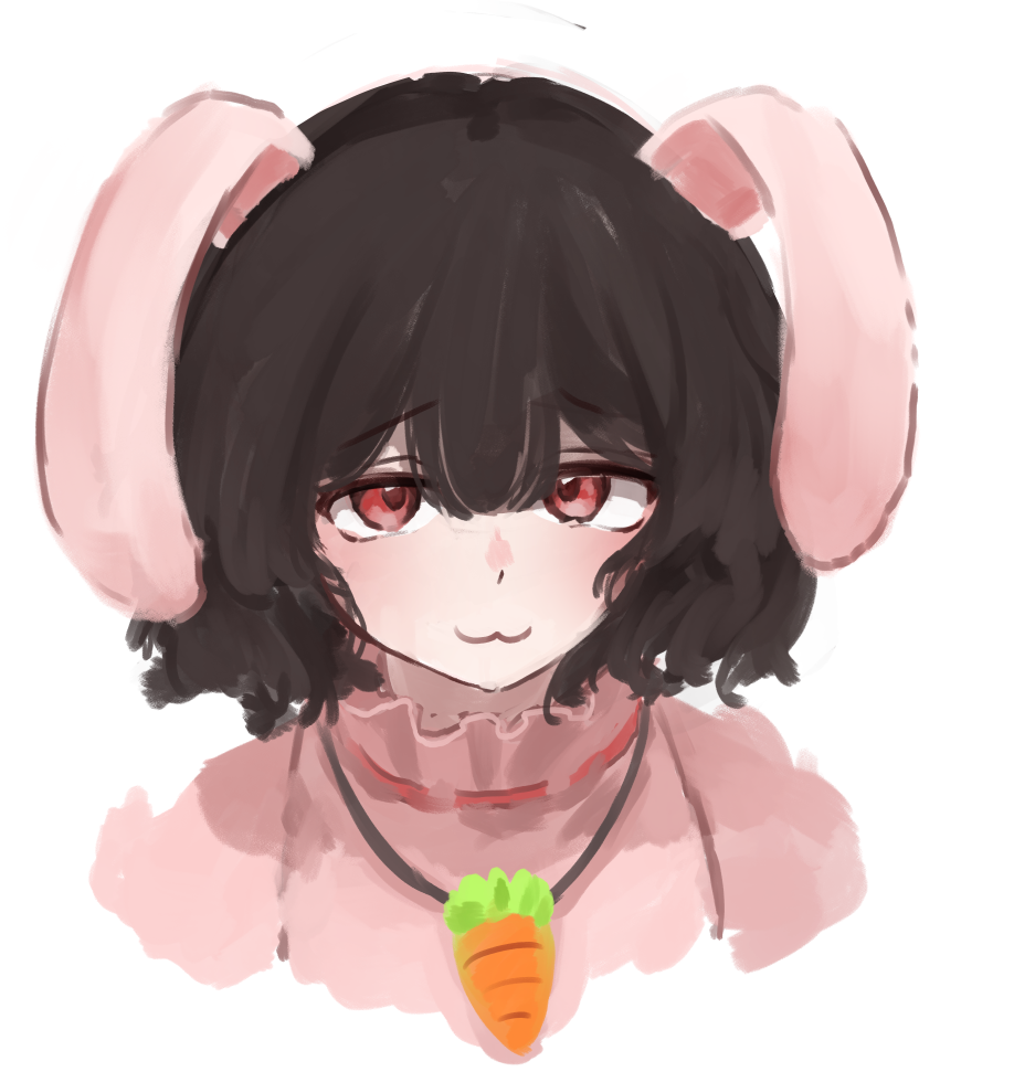1girl, :3, animal_ears, black_hair, blush, carrot_necklace, closed_mouth, floppy_ears