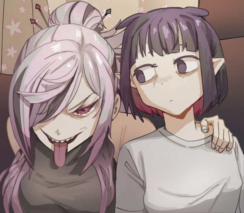 2girls, absurdres, black_streaks, churiro_art, grey_shirt, highres, hololive, hololive_english
