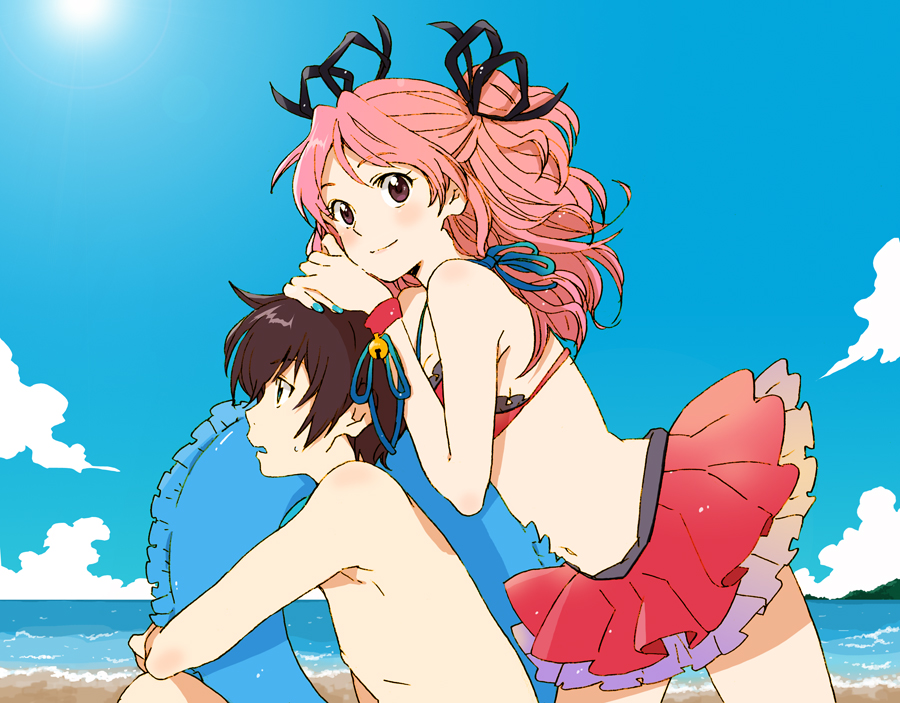 1girl, asbel_lhant, beach, bell, blush, brown_eyes, brown_hair, cheria_barnes, cloud, couple, green_eyes, hair_ribbon, innertube, jingle_bell, mameko, nail_polish, navel, open_mouth, pink_hair, ribbon, shirtless, short_hair, sky, smile, sun, swimsuit, tales_of_(series), tales_of_graces, twintails, water, water_float