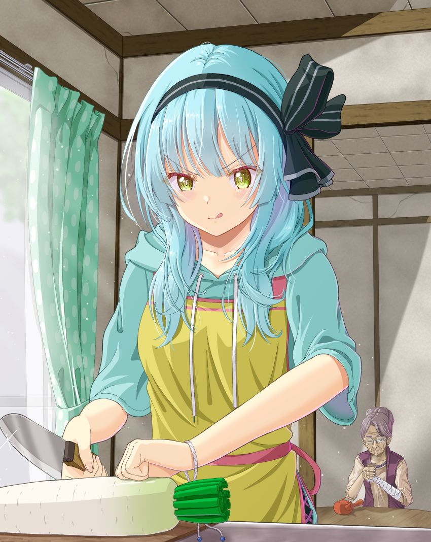 2girls, :q, absurdres, adapted_costume, akagi_rumi, apron, aqua_hoodie, bandaged_arm