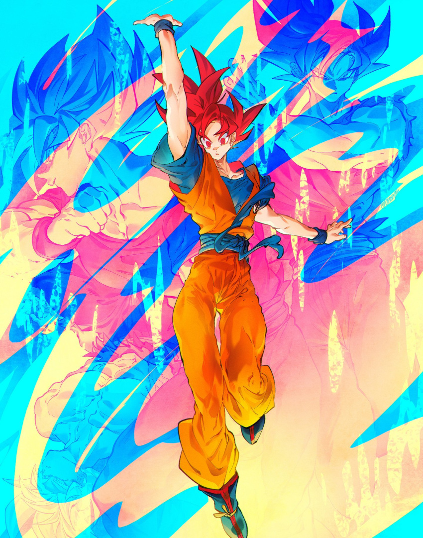 1boy, abs, blue_shirt, dougi, dragon_ball, dragon_ball_super, dragon_ball_z, full_body, highres, jumpsuit, multiple_views, muscular, muscular_male, no_shirt, ommmyoh, pectorals, red_eyes, serious, shirt, skinny, son_goku, spiky_hair, super_saiyan, super_saiyan_blue, super_saiyan_god, ultra_instinct, ultra_instinct_sign, wristband