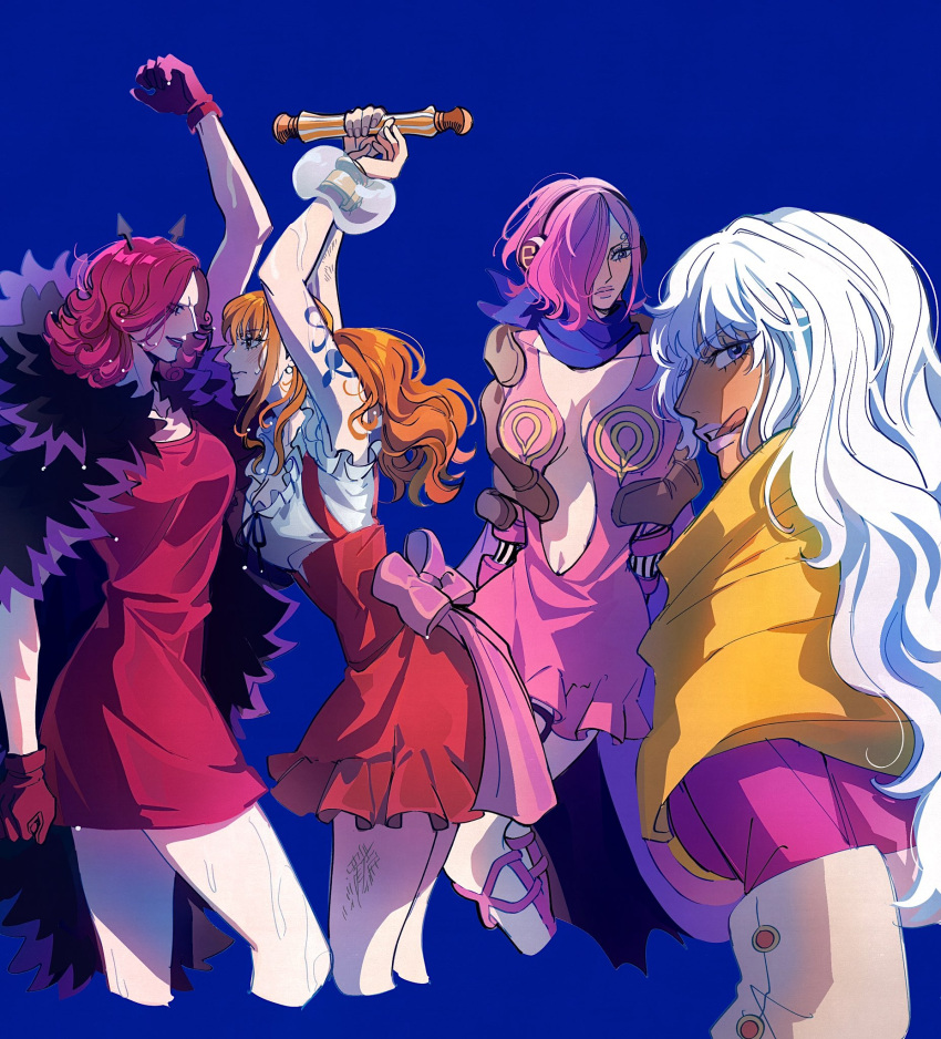 4girls, arm_up, arms_up, blue_neckerchief, bracelet, cape, carrying, carrying_person